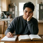 person doing a bible study devotional but he looks bored